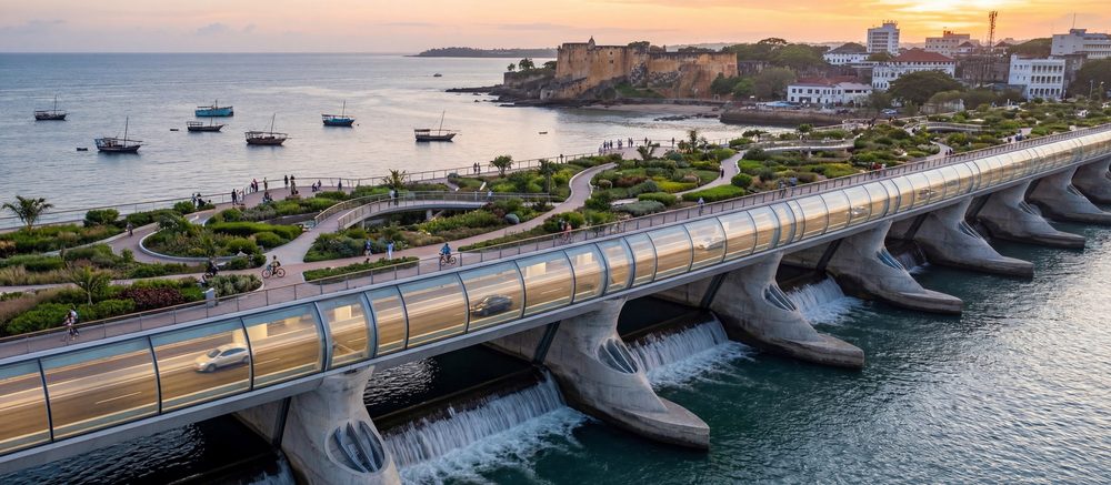 AI-generated concept illustration of a low barrage with arched piers across the mouth of Tudor Creek at sunset, with a landscaped park and a glazed walkway on top, dhows on the water and Fort Jesus and Mombasa Old Town on the far shore